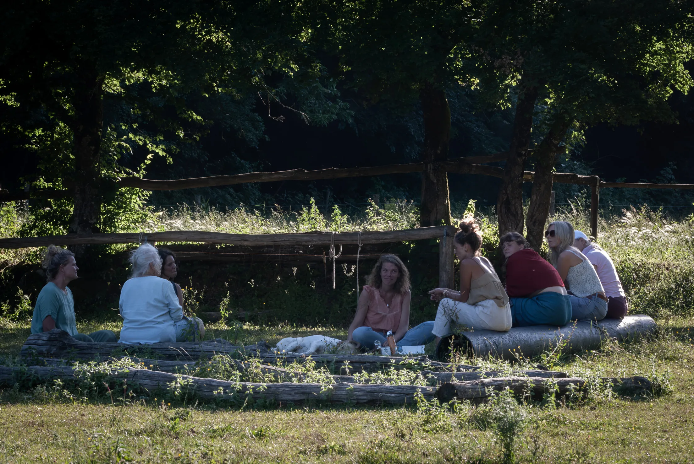 Women sitting together in a reflection circle in the golden evening light