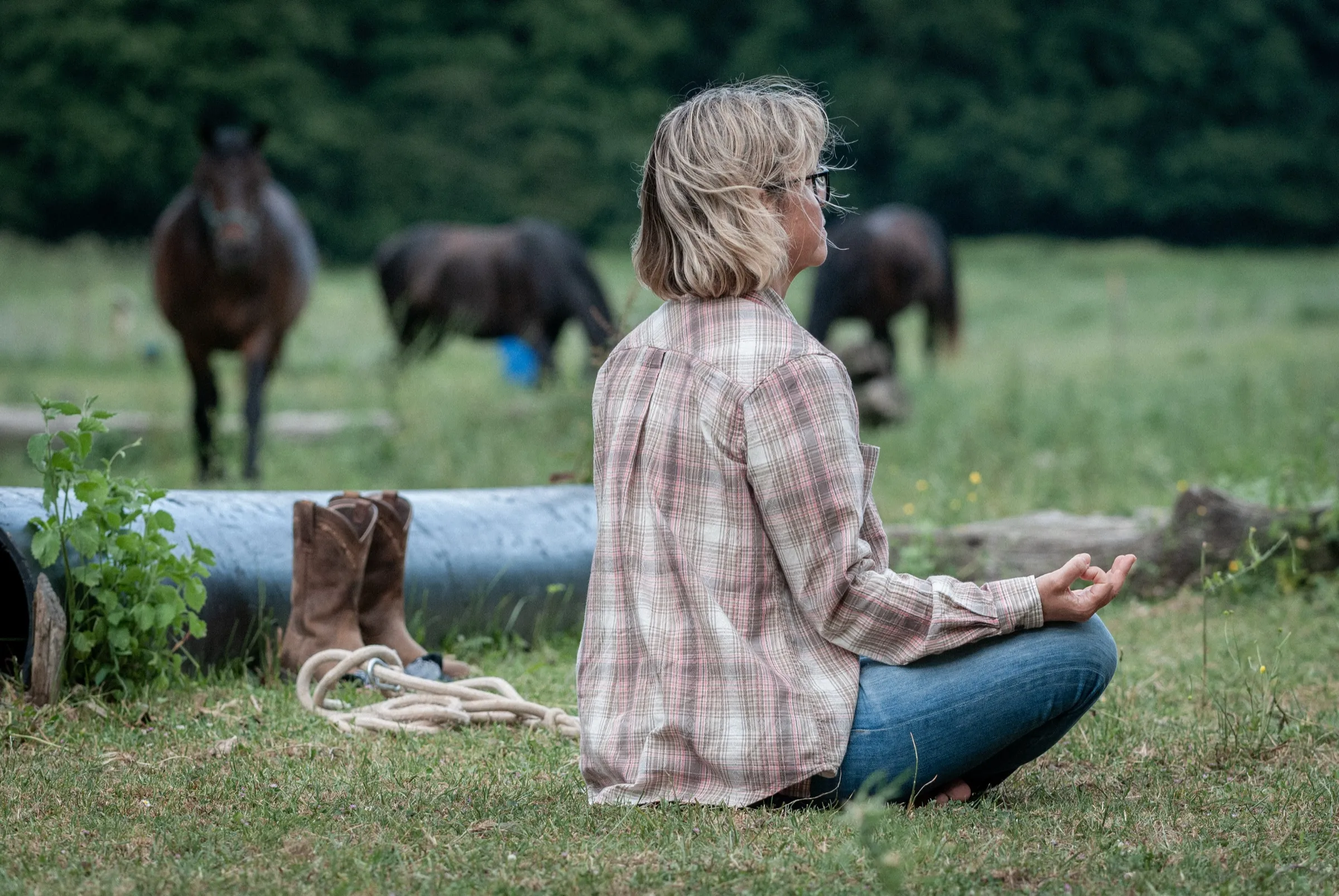 Una donna seduta in quieta meditazione mentre i cavalli pascolano dietro di lei